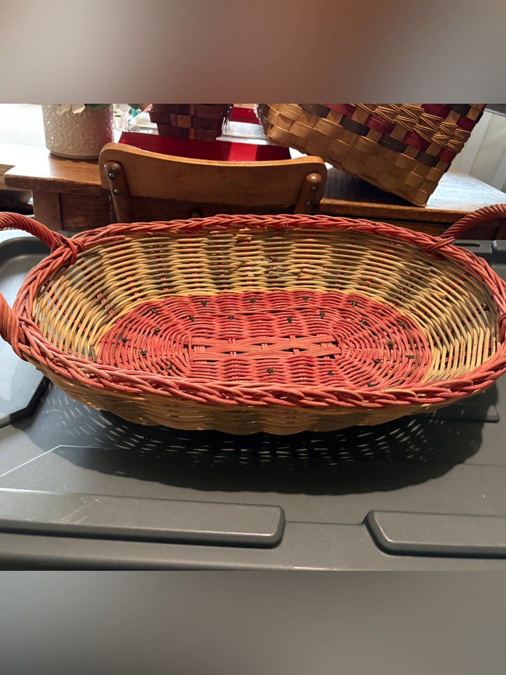 Vintage Handwoven Red and Natural Wicker watermelon Serving Basket -
